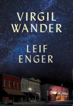 Book cover of "Virgil Wander" by Leif Enger. The top half shows a star-filled night sky, while the b