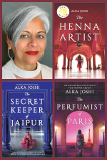 Alka Joshi with her 3 books in the Jaipur trilogy
