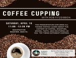 Coffee beans laid out in a swirling pattern with text describing the Coffee Cupping program.