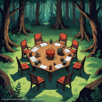 table in the woods with dice and character sheets.