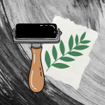 piece of paper with a green leaf and an ink roller on an ink smeared background.