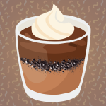 chocolate pudding cup with cookie pieces and whipped cream on a brown background with transparent gu