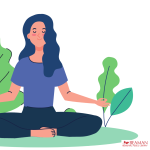An illustration of a person practicing yoga in front of foliage.