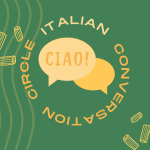 An illustration of two yellow conversation bubbles surrounded by the text Italian Conversation Circl