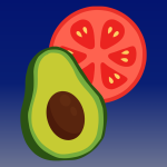 a sliced avocado and sliced tomato on a dark blue and dark grey gradient background.
