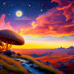 colorful landscape in vivid oranges and blues with mushroom trees and a brook on the left of the ima