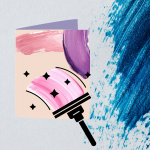 a tan card with pink and purple paint smears on the cover being made by a sparkling black squeegee o