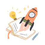 Rocketship launching out of a book.