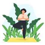 An illustration of a person practicing yoga in front of green foliage.