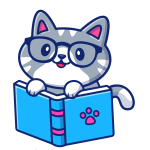 cartoon black and gray cat with book