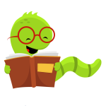 green cartoon worm with red glasses and book