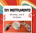recycled instruments like plastic yogurt drum, colorful background with music notes