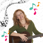 sarah gardner holding a guitar with background of music notes
