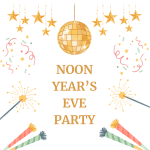 image reads noon years eve with fireworks disco ball surrounding