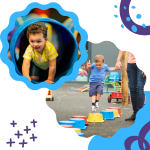 child crawling through tunnel, child on stepping stones