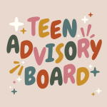 Bubble letters spelling "Teen Advisory Board" in red, orange, pink, green and blue, with starbursts 