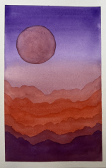 Purple sky with descending color gradient of pink to dark purple, reddish sphere in upper left corne