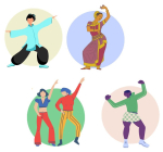 Colorful drawings representing Tai-chi, Bollywood dancing, yoga, and dancing.