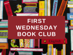 First Wednesday Book Club logo on background featuring green bookworms with glasses amongst assorted