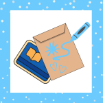 Tan card holder with blue drawings with blue library card behind it.