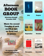 Six book covers against a beachy background.