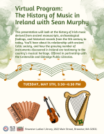 A fiddle, a harp, and an accordian with musical notes.