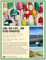 Paintings of buoys, a sailboat, and a road.
