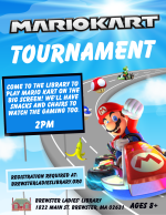 Come to the library to play Mario Kart on the big screen! We'll have snacks and chairs to watch the 