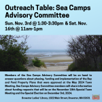 Members of the Sea Camps Advisory Committee will be on hand to answer questions about phasing, fundi