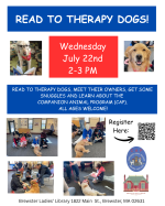 READ TO THERAPY DOGS, MEET THEIR OWNERS, GET SOME SNUGGLES AND LEARN ABOUT THE  COMPANION ANIMAL PRO
