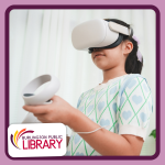 a girl uses a virtual reality goggles and controllers