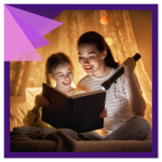a mom and daughter read together on a bed in the dark, using a flashlight, in their pajamas