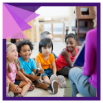 white woman reads a book to a group of children of multiple races. the children are sitting in a sem