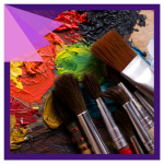 photo of paintbrushes and messy paint palette on a work bench