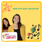 musicians Mara and Motoko are clipped in front of a yellow background with clip-art music notes next