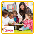 a woman shares a book with 4 kids sitting around her