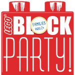 Red LEGO brick silhouette with white text reading "LEGO Block Party."