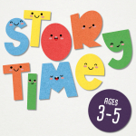 Block letters with kawaii smiling faces spell "Storytime".
