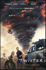 People stand in a field in front of a tornado