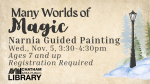 Many Worlds of Magic Narnia Guided Painting event details with snowy lamppost and pine trees, Chatha
