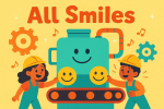 Two smiling children in hard hats stand beside a cheerful teal machine producing smiley faces on a c