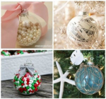 4 clear ornaments filled with different items