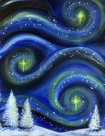 Winter's night sky painting with snow covered ground and trees, black, dark blue, and specked stars 