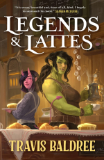 Cover of Legends and Lattes shows a fantasy coffee shop with two women - a green orc and a pink succ