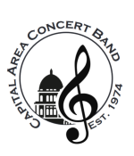 A treble clef and the top of the state capital building in a circle with "Capital Area Concert Band