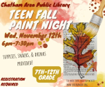Teen Fall Paint Night graphic with watercolor leaf art, paintbrush, and event details.