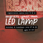an engraved acrylic LED sign reading "reading dragons and friends"