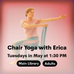 A woman in workout clothing sitting in a chair doing yoga and stretching her arm behind her over the