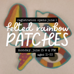 needle-felted mushroom, shooting star, lightning bolt, and eye patches in rainbow colors