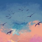 A watercolor image with a pink and blue sunset with birds flying in the clouds.